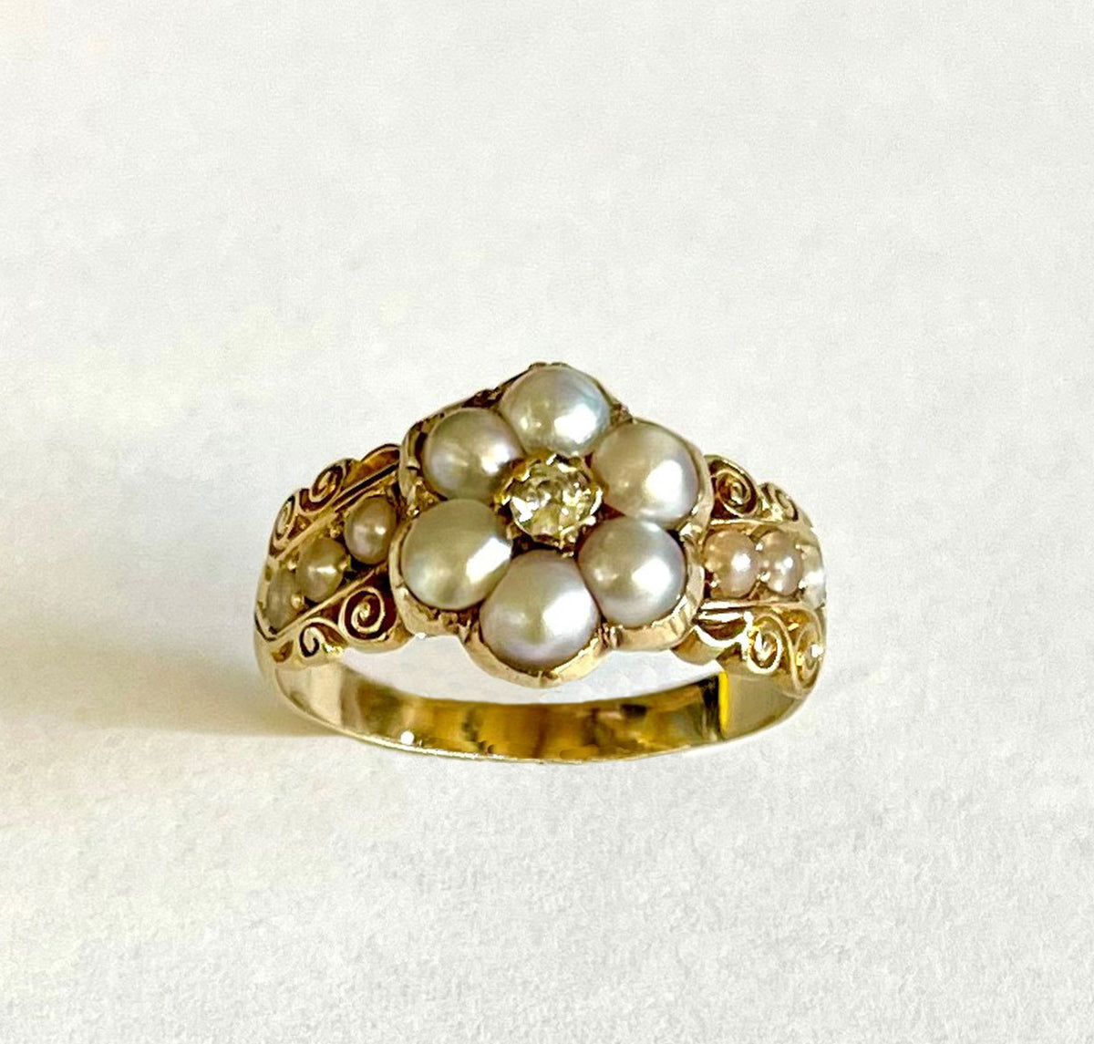 White Natural Pearl Diamond Cluster Georgian Ring