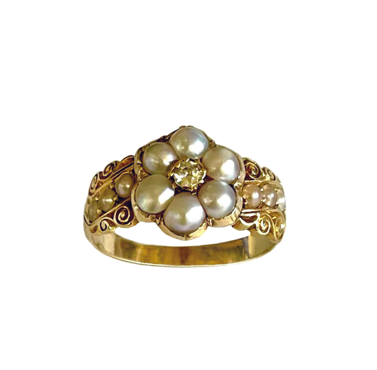 White Natural Pearl Diamond Cluster Georgian Ring