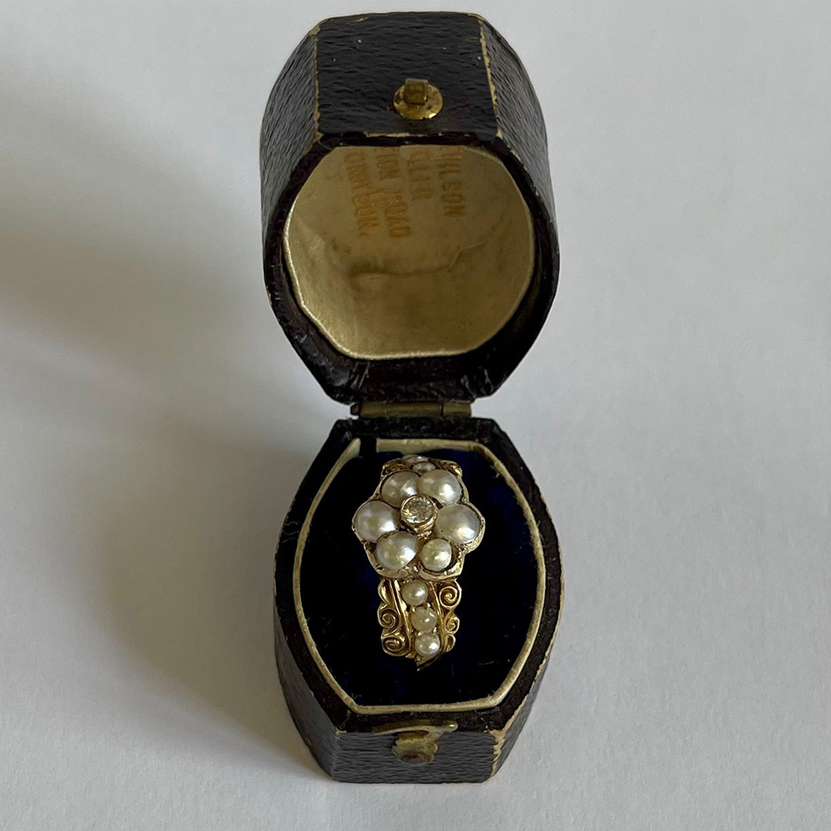 White Natural Pearl Diamond Cluster Georgian Ring