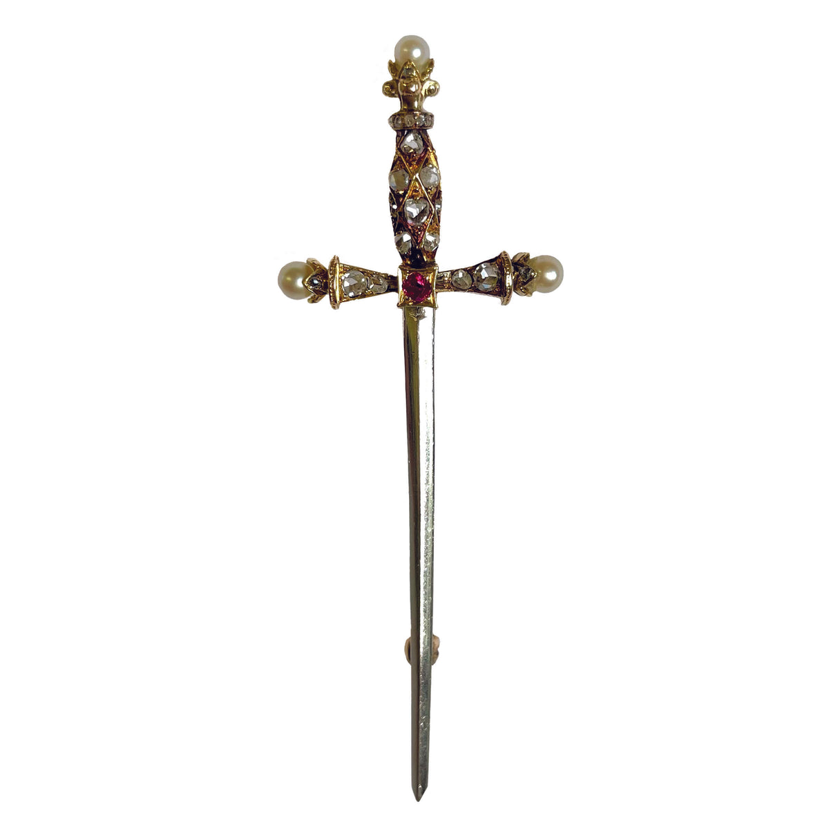 White Akoya Pearl, Diamond &amp; Ruby Cross Brooch