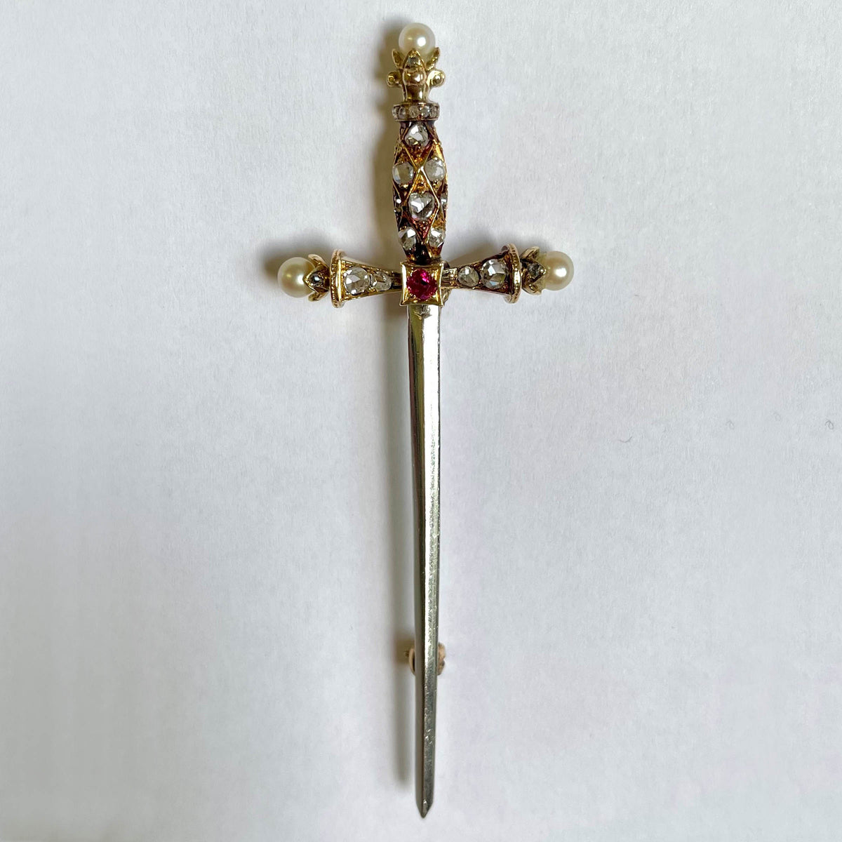 White Akoya Pearl, Diamond &amp; Ruby Cross Brooch