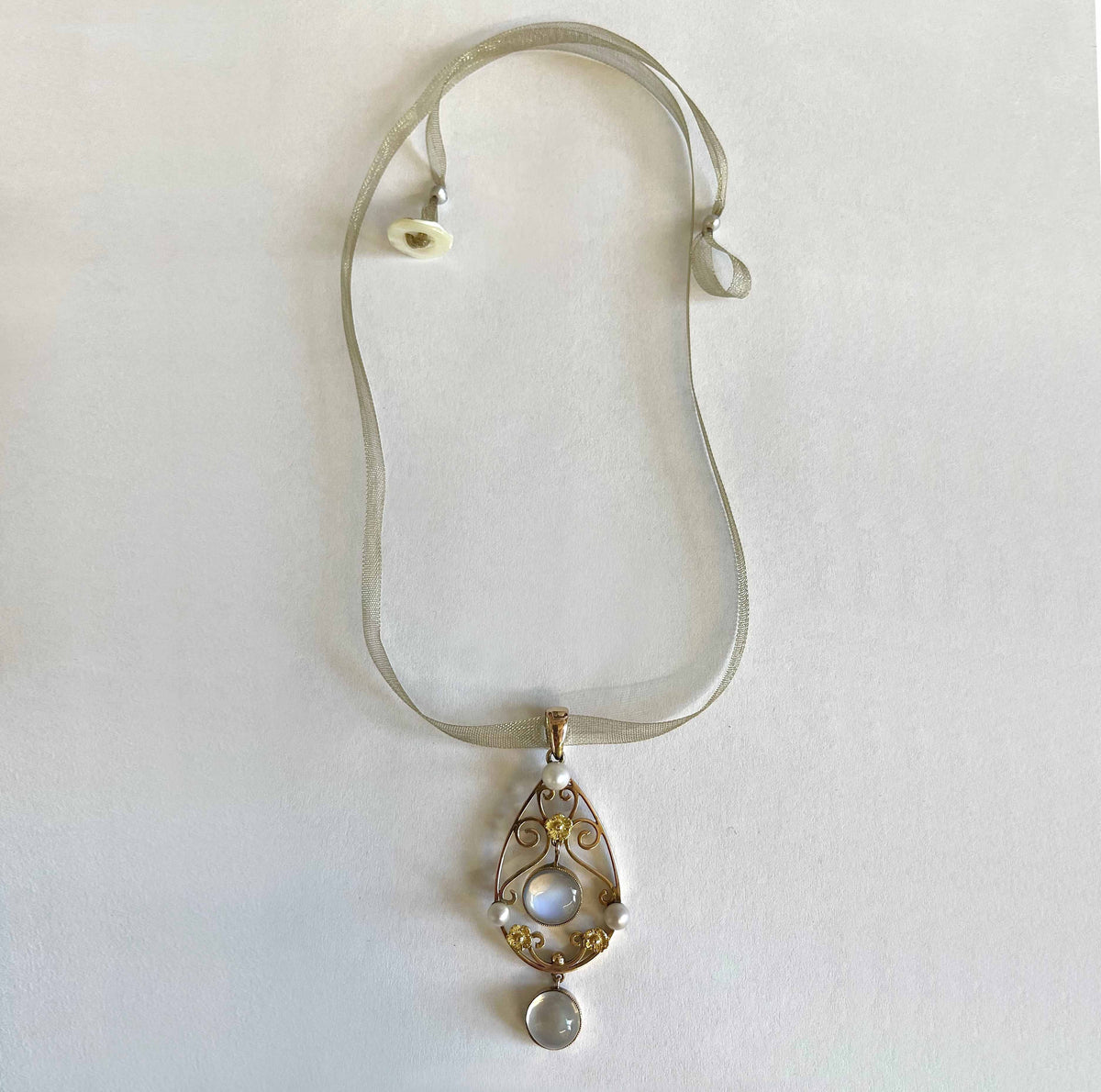 Rare Natural White Freshwater Pearl &amp; Rainbow Moonstone Art Deco Pendant