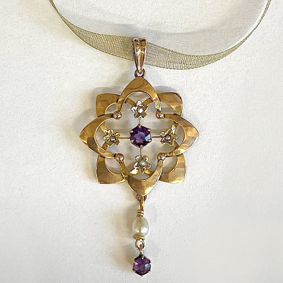 Rare White Natural Pearl &amp; Amethyst Edwardian Pendant