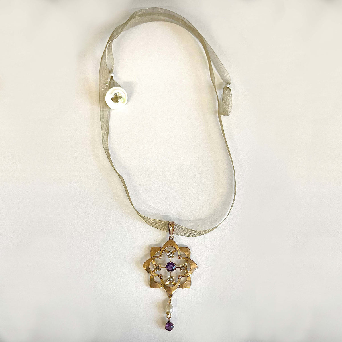 Rare White Natural Pearl &amp; Amethyst Edwardian Pendant