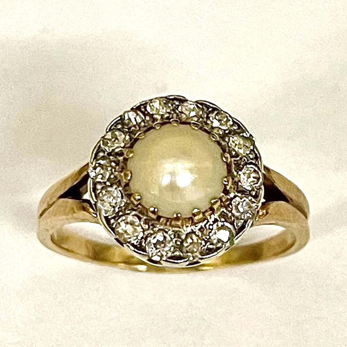 Rare White Natural Pearl &amp; Diamond Edwardian Cluster Ring