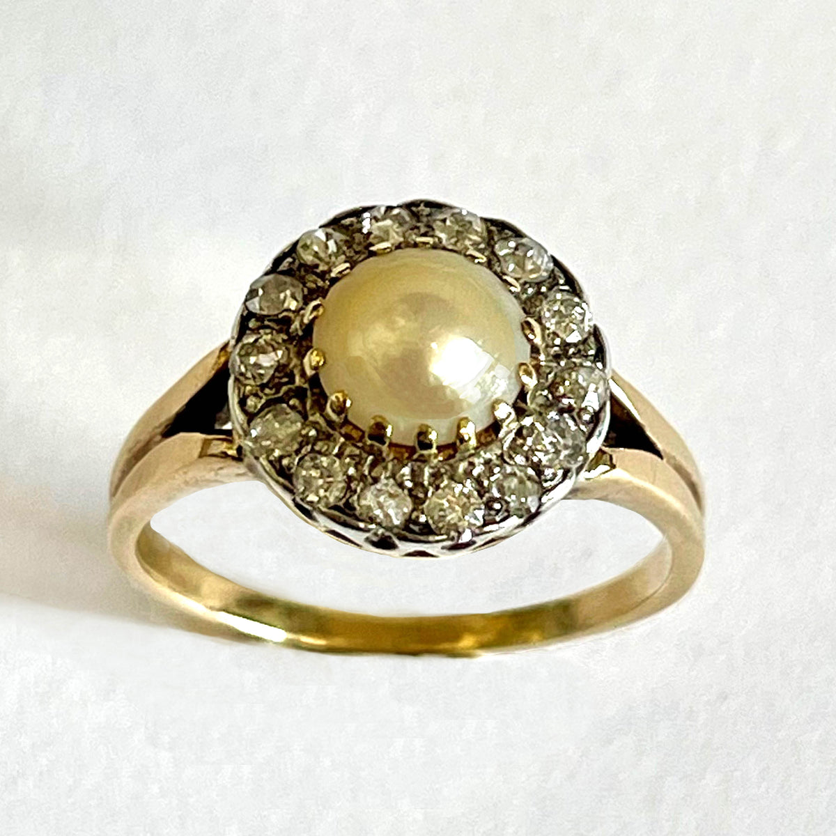 Rare White Natural Pearl &amp; Diamond Edwardian Cluster Ring