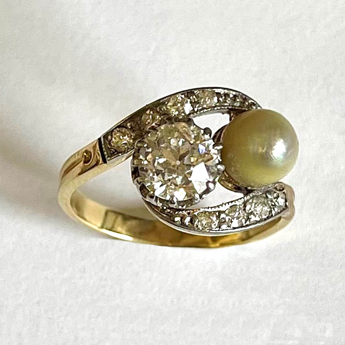 Rare White Natural Pearl &amp; Diamond Belle Epoque &#39;You &amp; I&#39; Ring