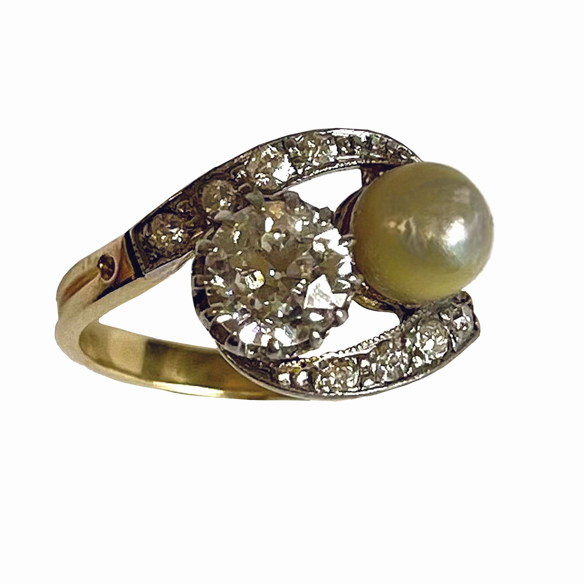 Rare White Natural Pearl &amp; Diamond Belle Epoque &#39;You &amp; I&#39; Ring