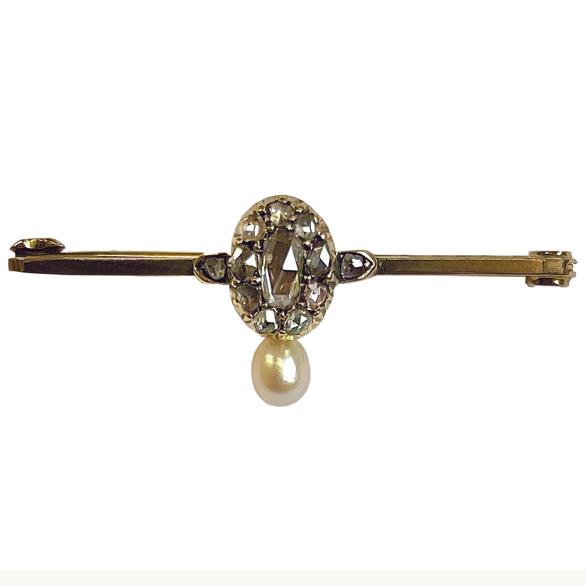 Rare White Natural Pearl &amp; Oval Diamond Cluster Brooch