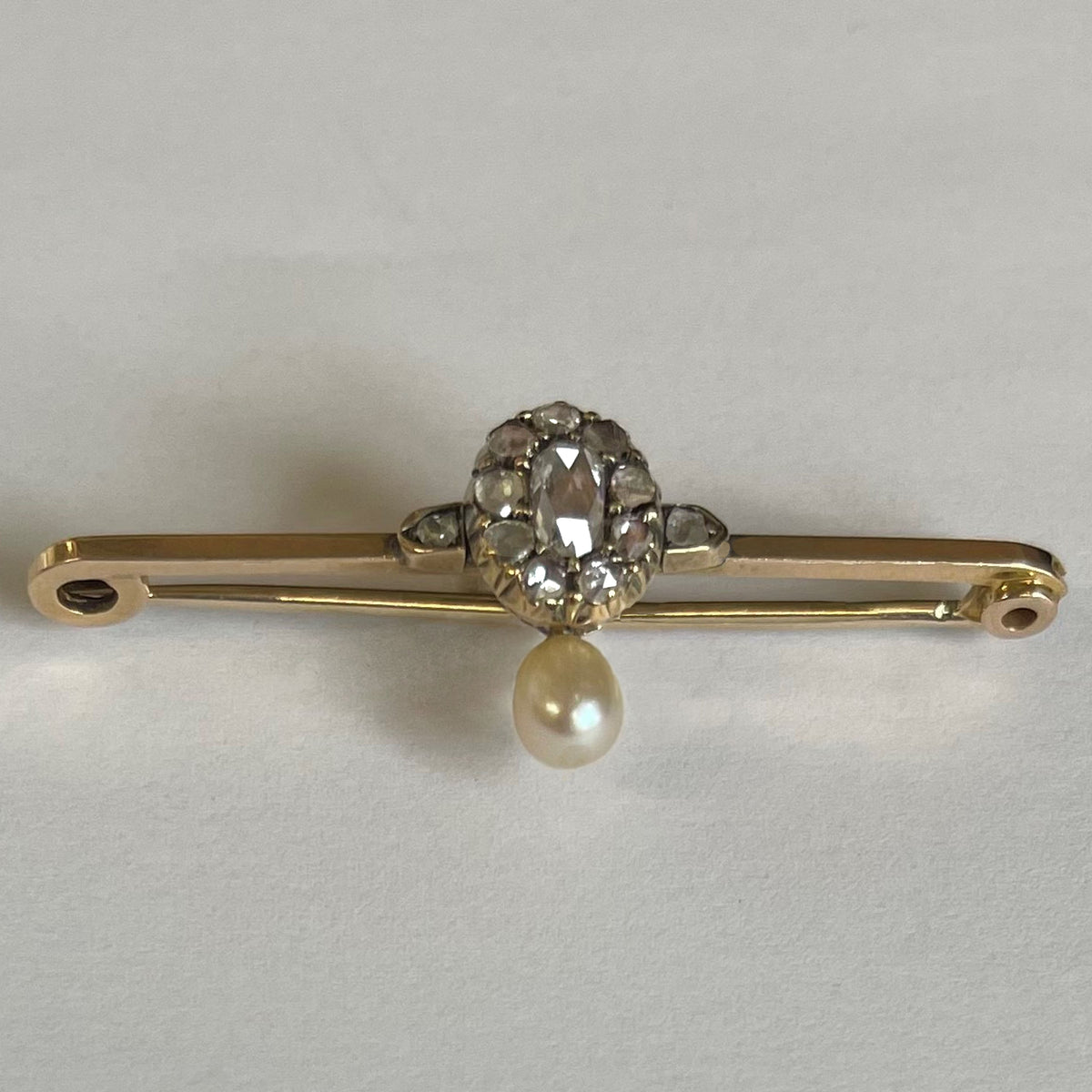 Rare White Natural Pearl &amp; Oval Diamond Cluster Brooch