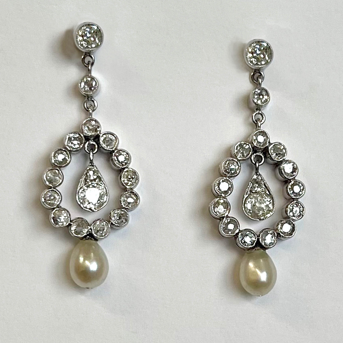 Rare White Natural Pearl &amp; Diamond Drop Edwardian Earrings