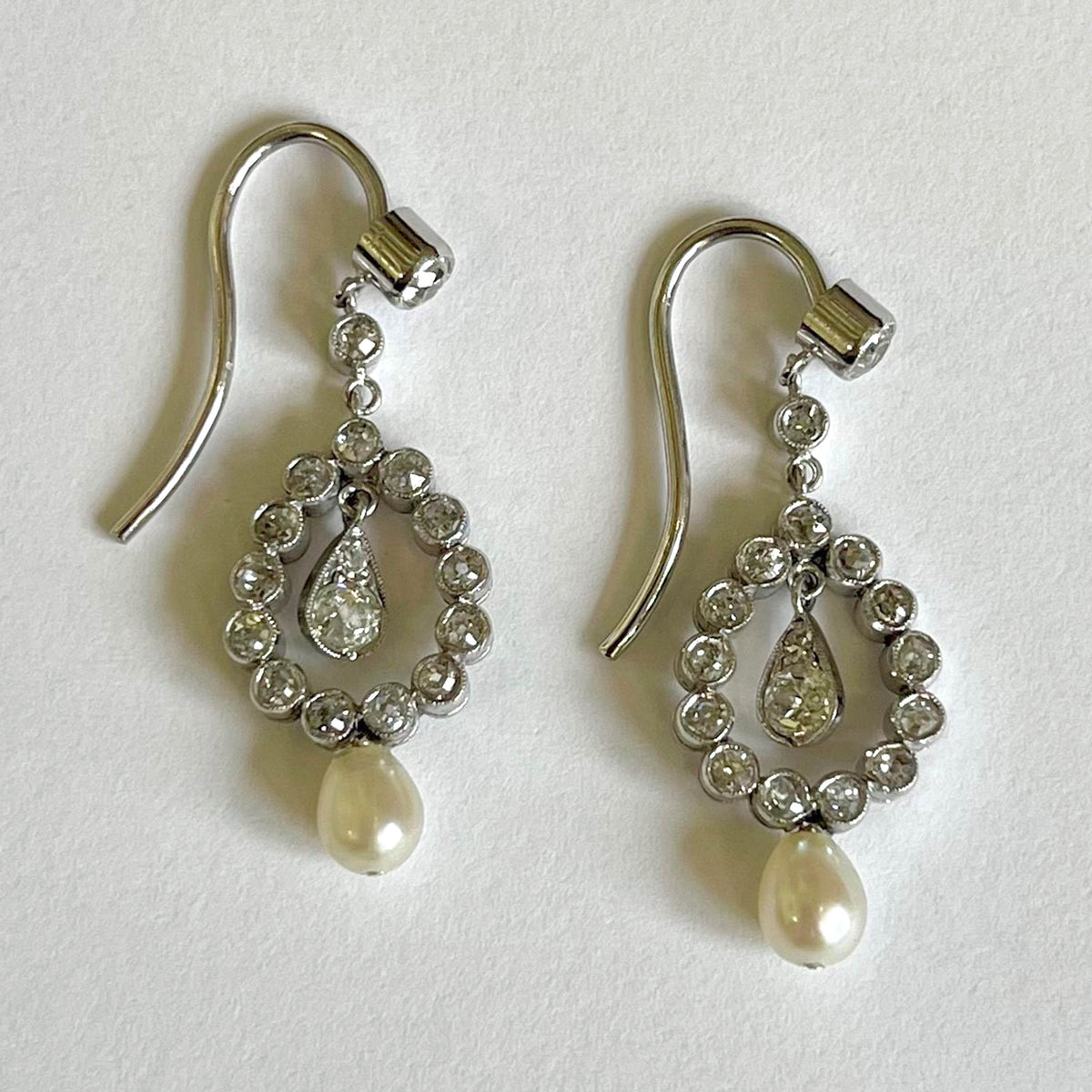 Rare White Natural Pearl &amp; Diamond Drop Edwardian Earrings