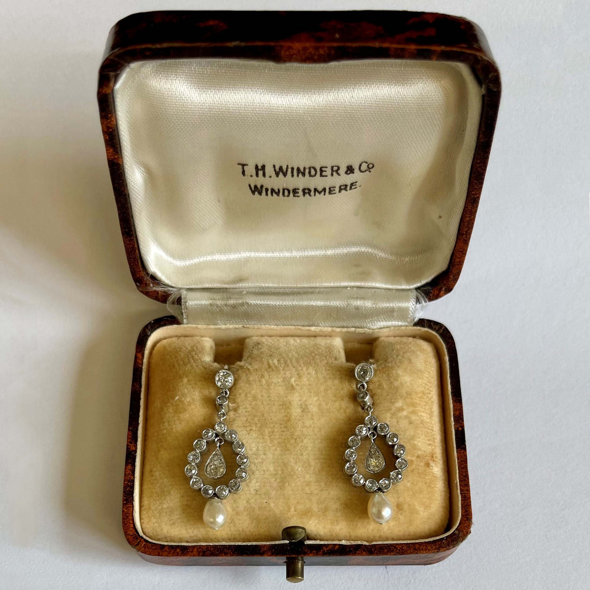 Rare White Natural Pearl &amp; Diamond Drop Edwardian Earrings