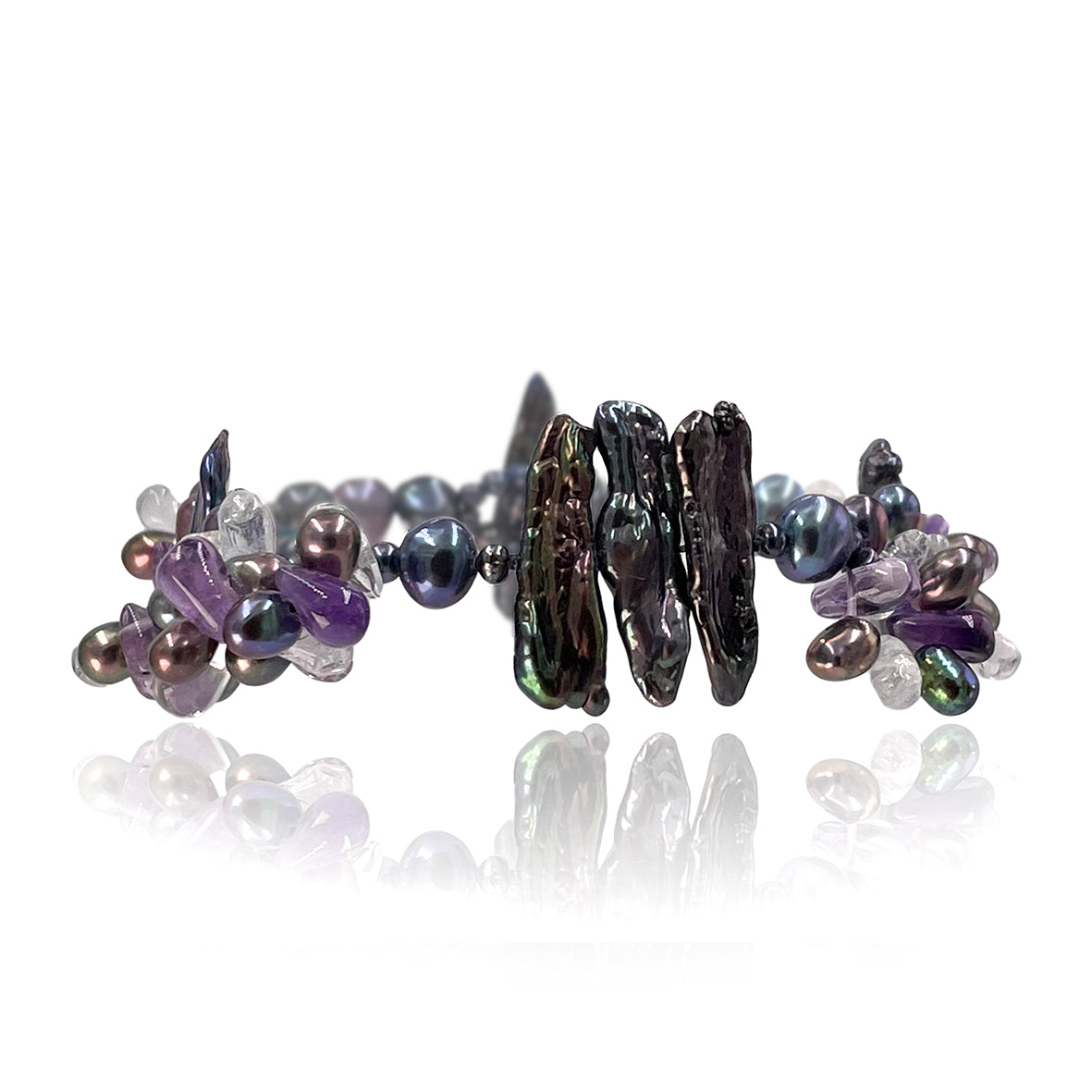 Black Multi-Coloured Pearl &amp; Semi Precious Stone &#39;Abstract&#39; Bracelet