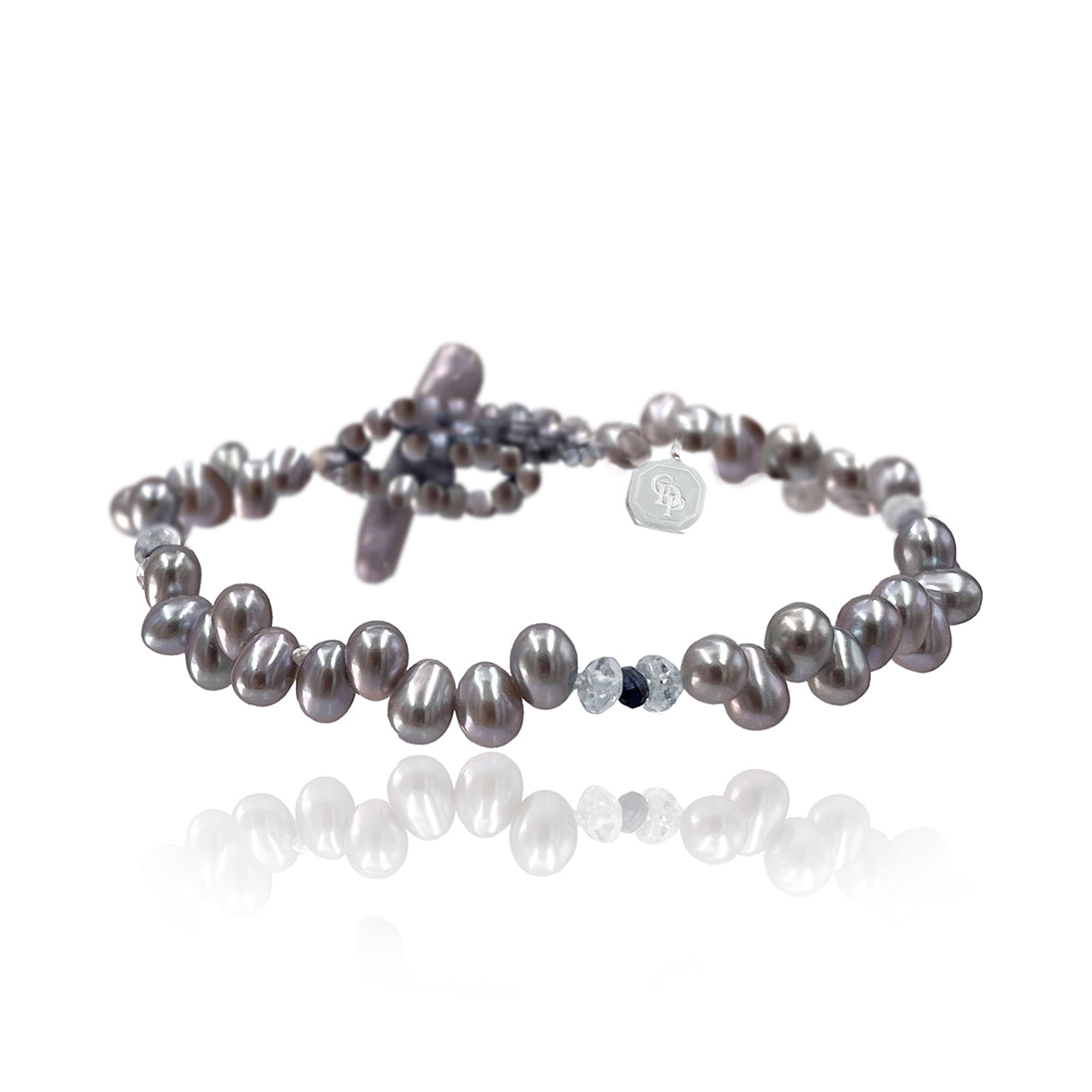 Grey Freshwater Pearl, Aquamarine &amp; Iolite Droplet Bracelet