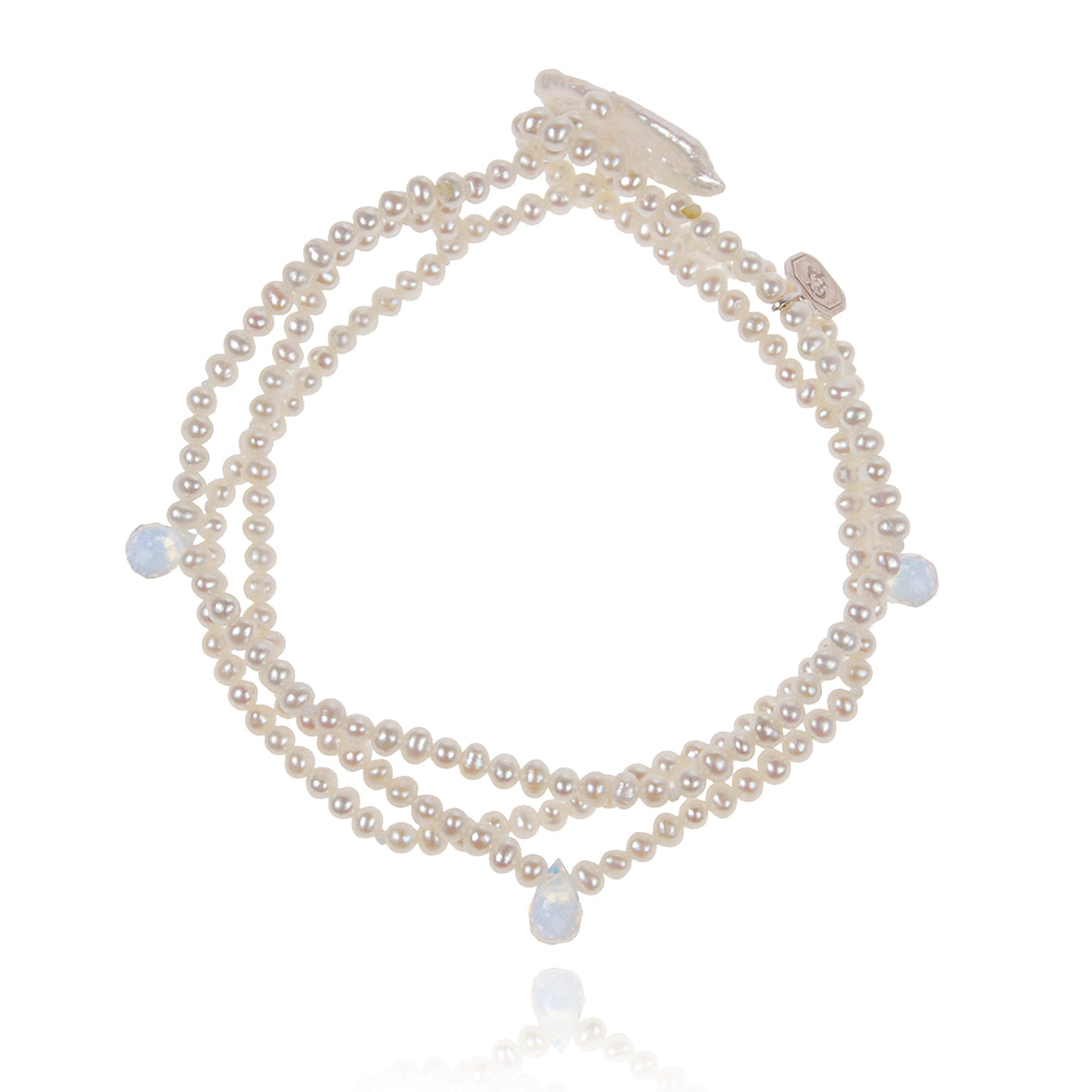 White Seed Pearl &amp; Opaline 3 Strand Drop Bracelet