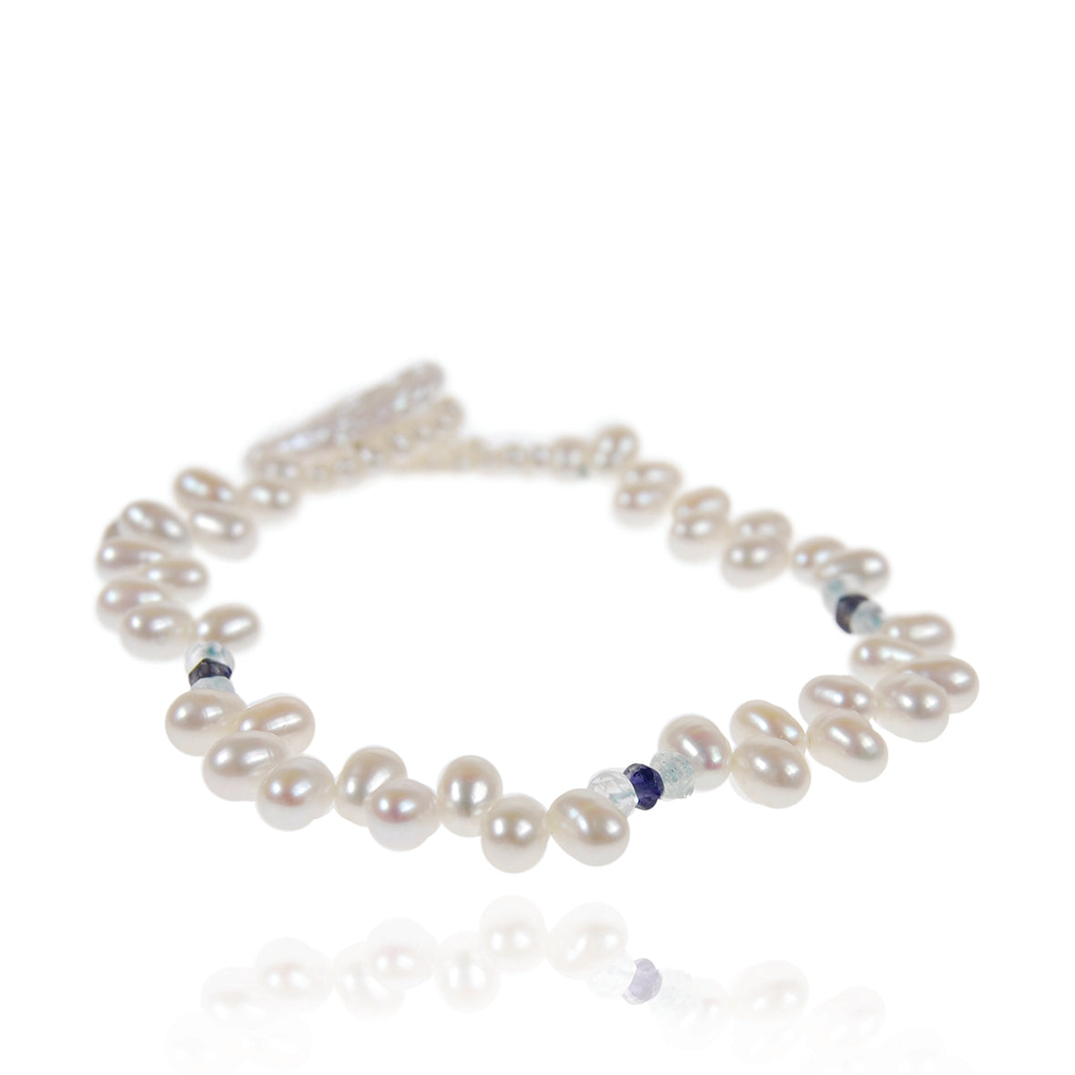 White Freshwater Pearl, Aquamarine &amp; Iolite Droplet Bracelet