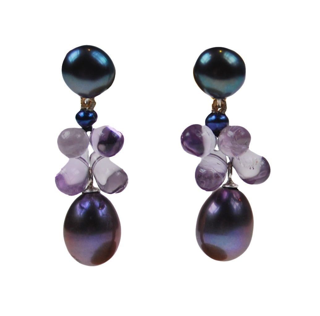 Black Freshwater Pearl &amp; Amethyst &#39;Twinkling Light&#39; Short Earrings