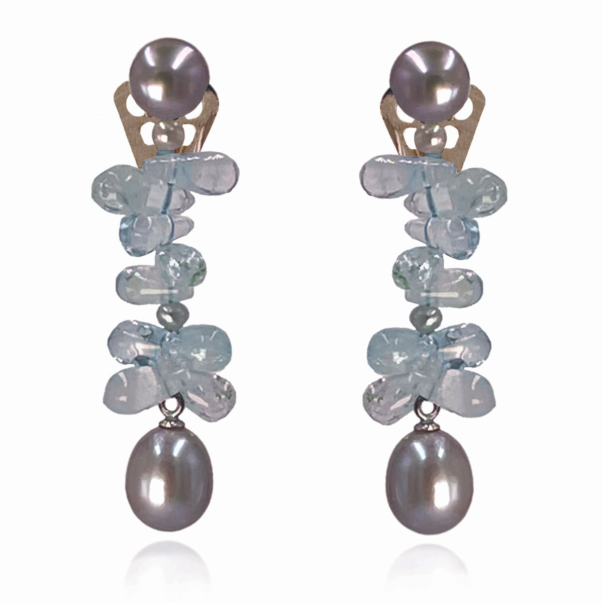 Grey Freshwater Pearl &amp; Aqua Marine Clip On &#39;Twinkling Light&#39; Earrings