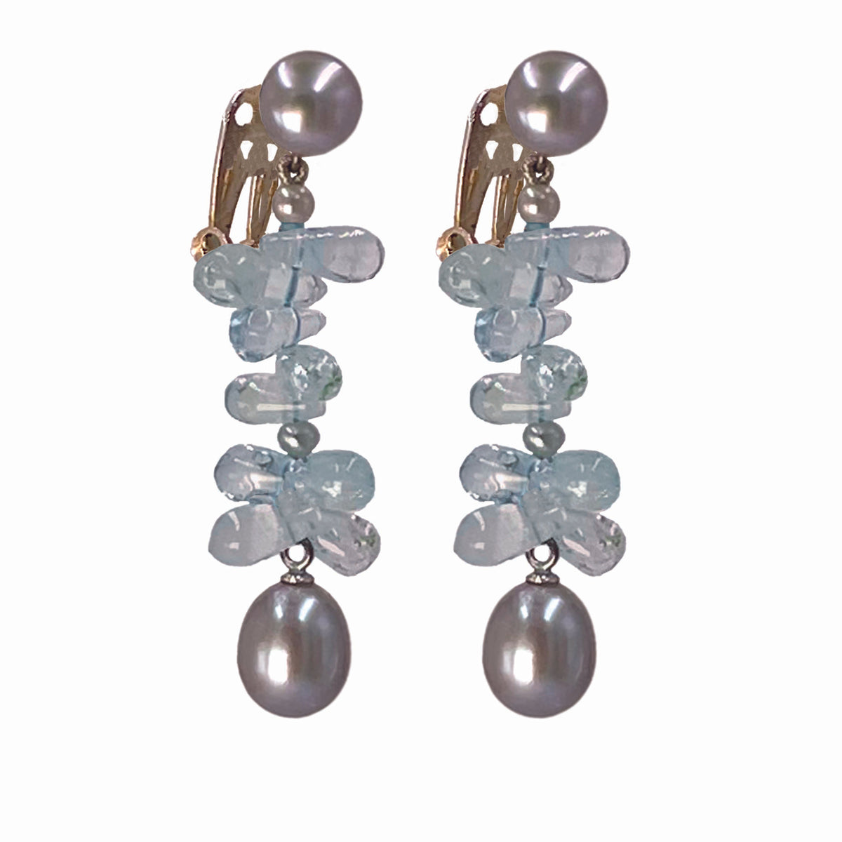 Grey Freshwater Pearl &amp; Aqua Marine Clip On &#39;Twinkling Light&#39; Earrings