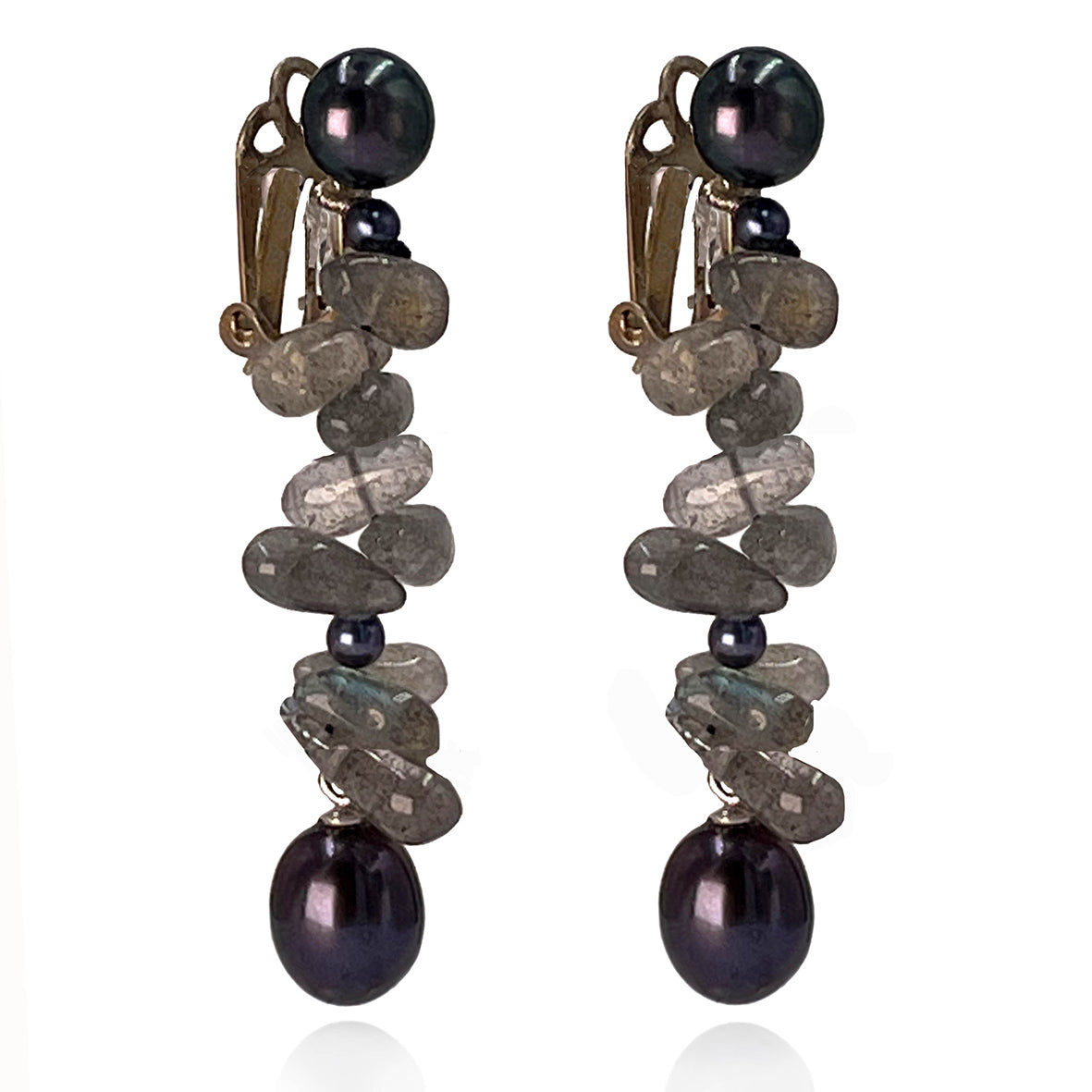 Black Freshwater Pearl &amp; Labradorite Clip On &#39;Twinkling Light&#39; Earrings