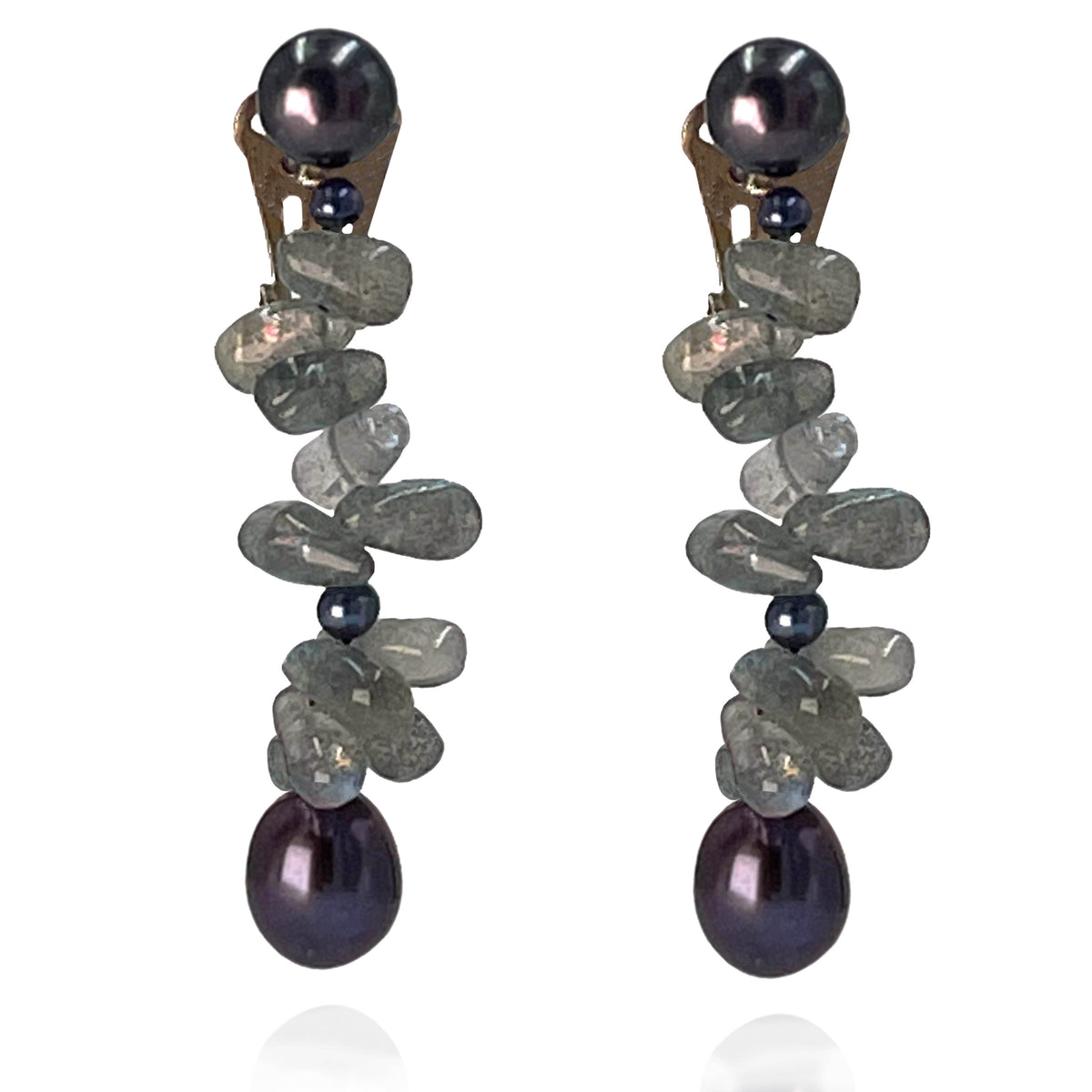 Black Freshwater Pearl &amp; Labradorite Clip On &#39;Twinkling Light&#39; Earrings