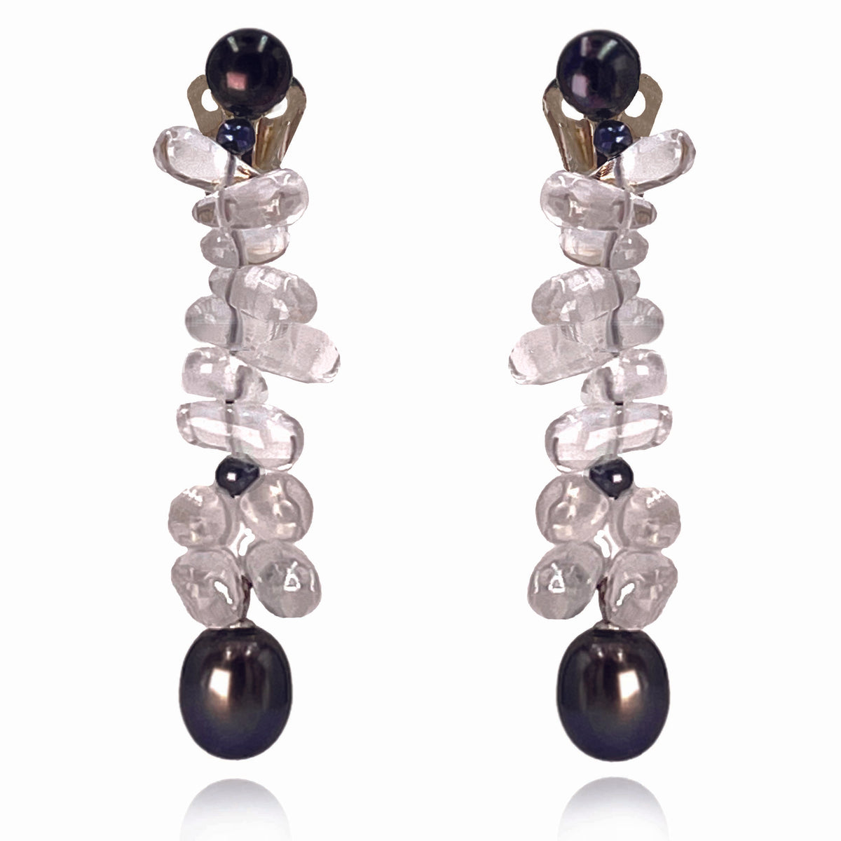 Black Freshwater Pearl &amp; Rock Crystal Clip On &#39;Twinkling Light&#39; Earrings