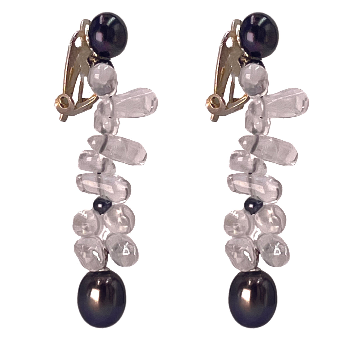 Black Freshwater Pearl &amp; Rock Crystal Clip On &#39;Twinkling Light&#39; Earrings