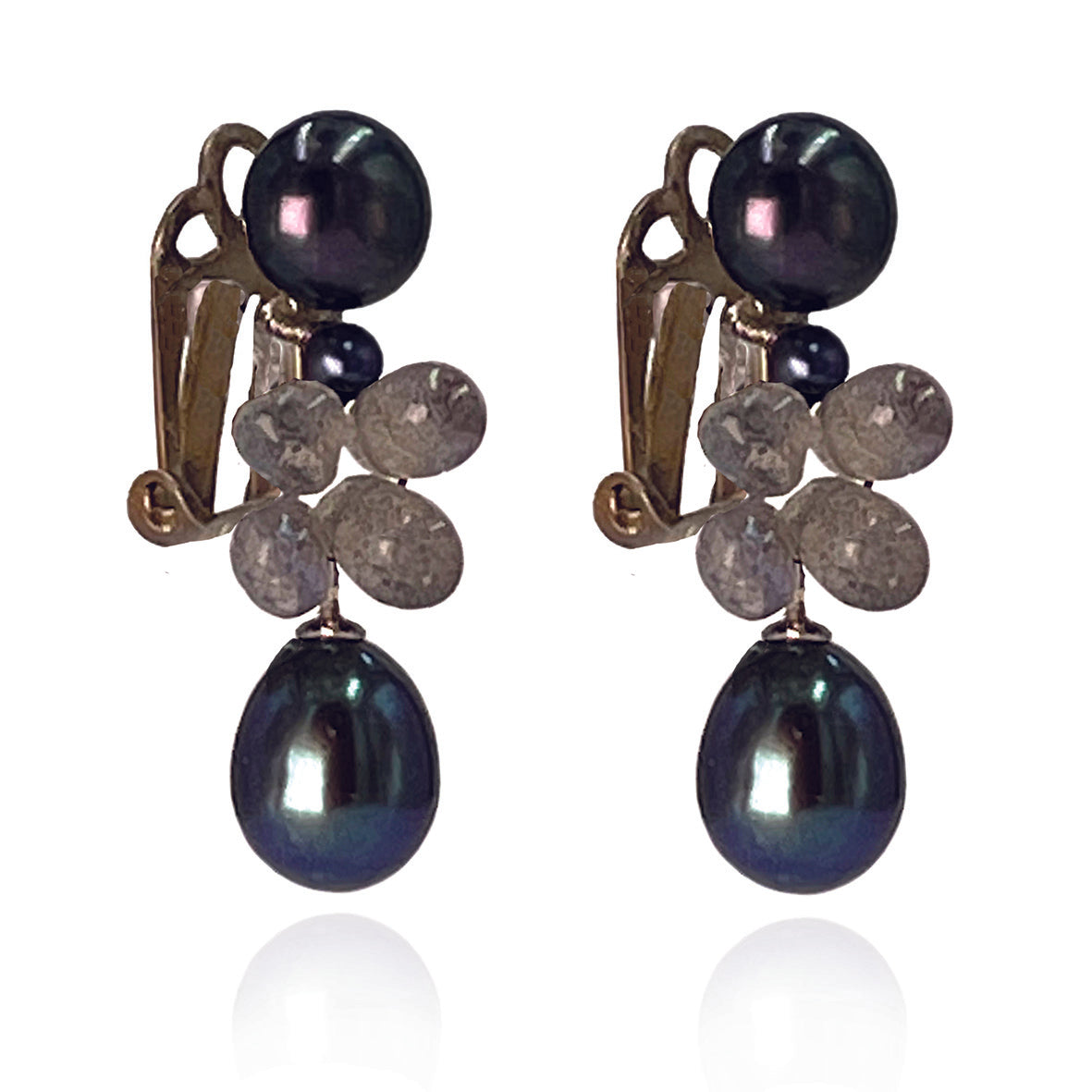 Black Freshwater Pearl &amp; Labradorite Clip On &#39;Twinkling Light&#39; Short Earrings