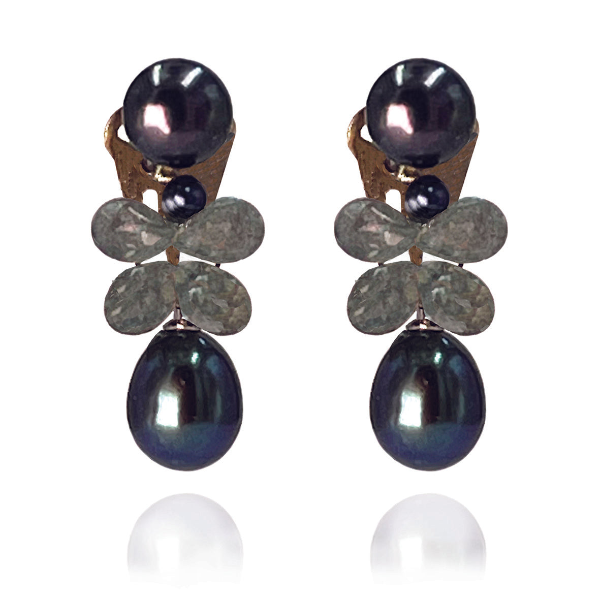 Black Freshwater Pearl &amp; Labradorite Clip On &#39;Twinkling Light&#39; Short Earrings