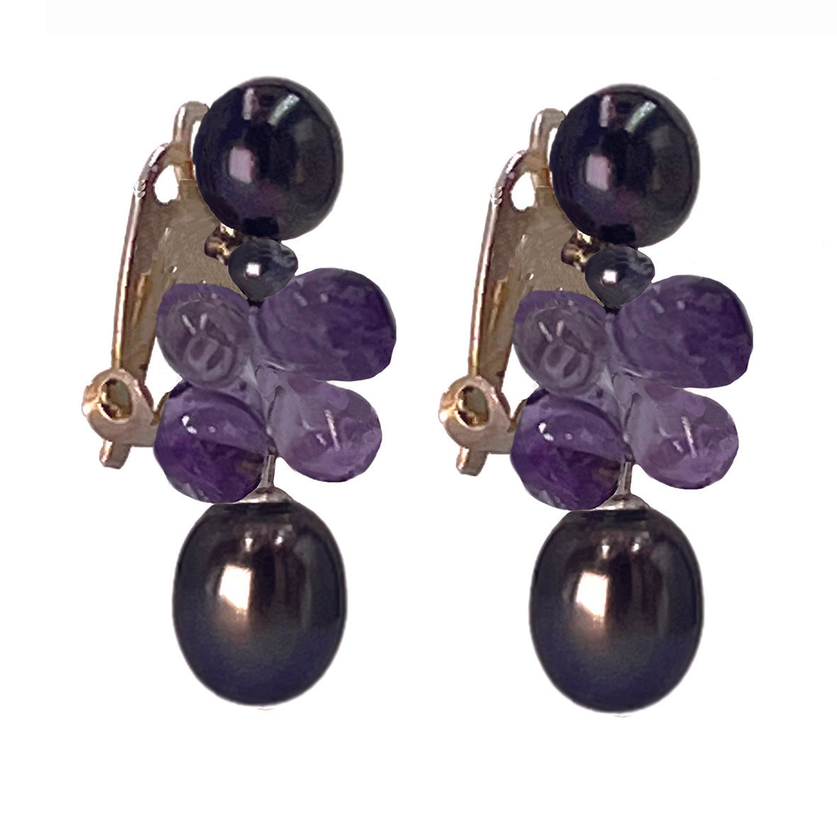 Black Freshwater Pearl &amp; Amethyst Clip On &#39;Twinkling Light&#39; Short Earrings