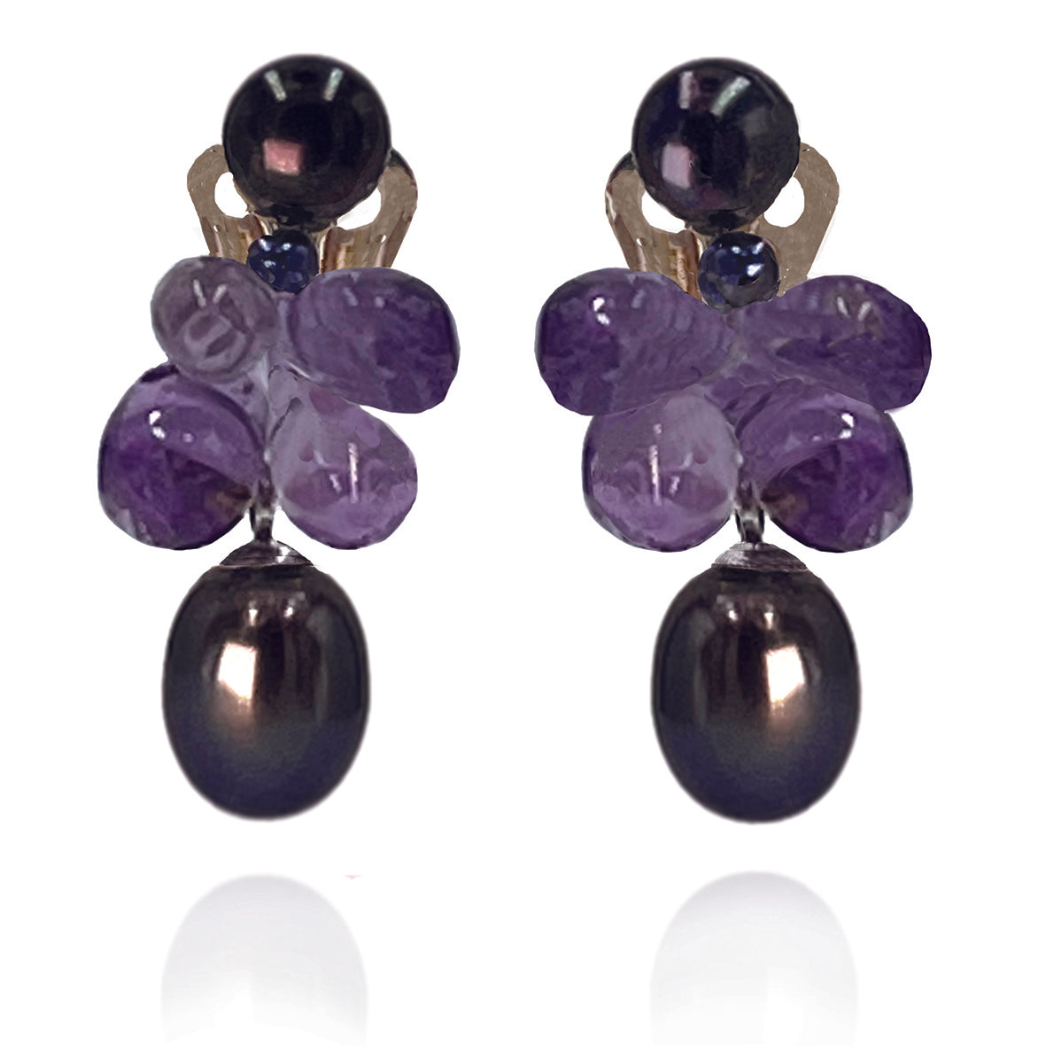 Black Freshwater Pearl &amp; Amethyst Clip On &#39;Twinkling Light&#39; Short Earrings