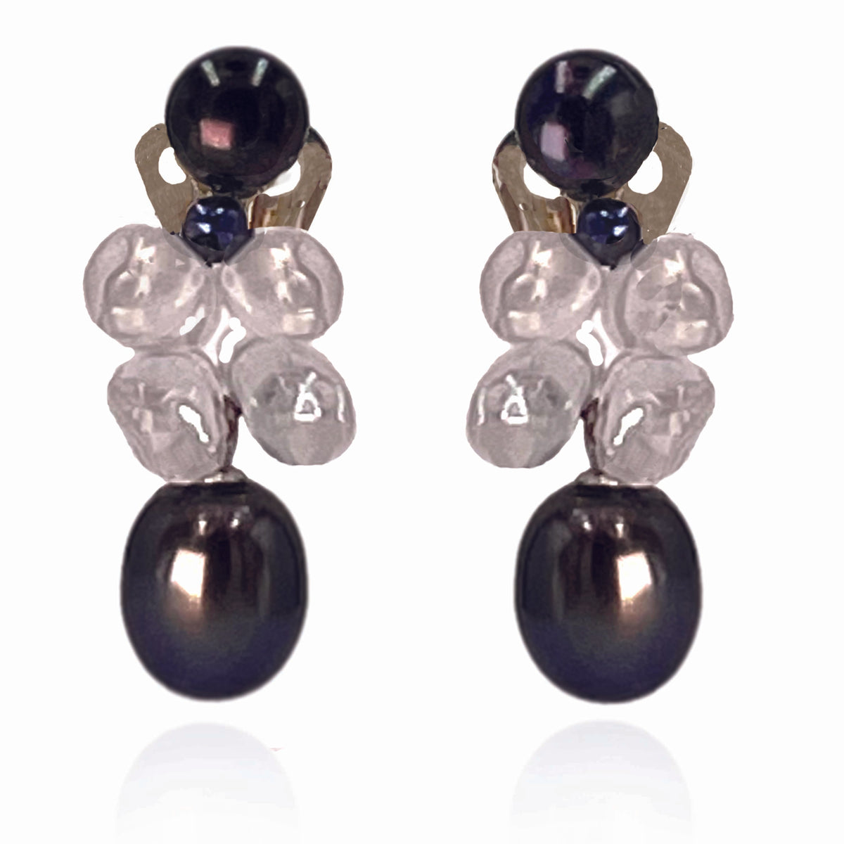 Black Freshwater Pearl &amp; Rock Crystal Clip On &#39;Twinkling Light&#39; Short Earrings