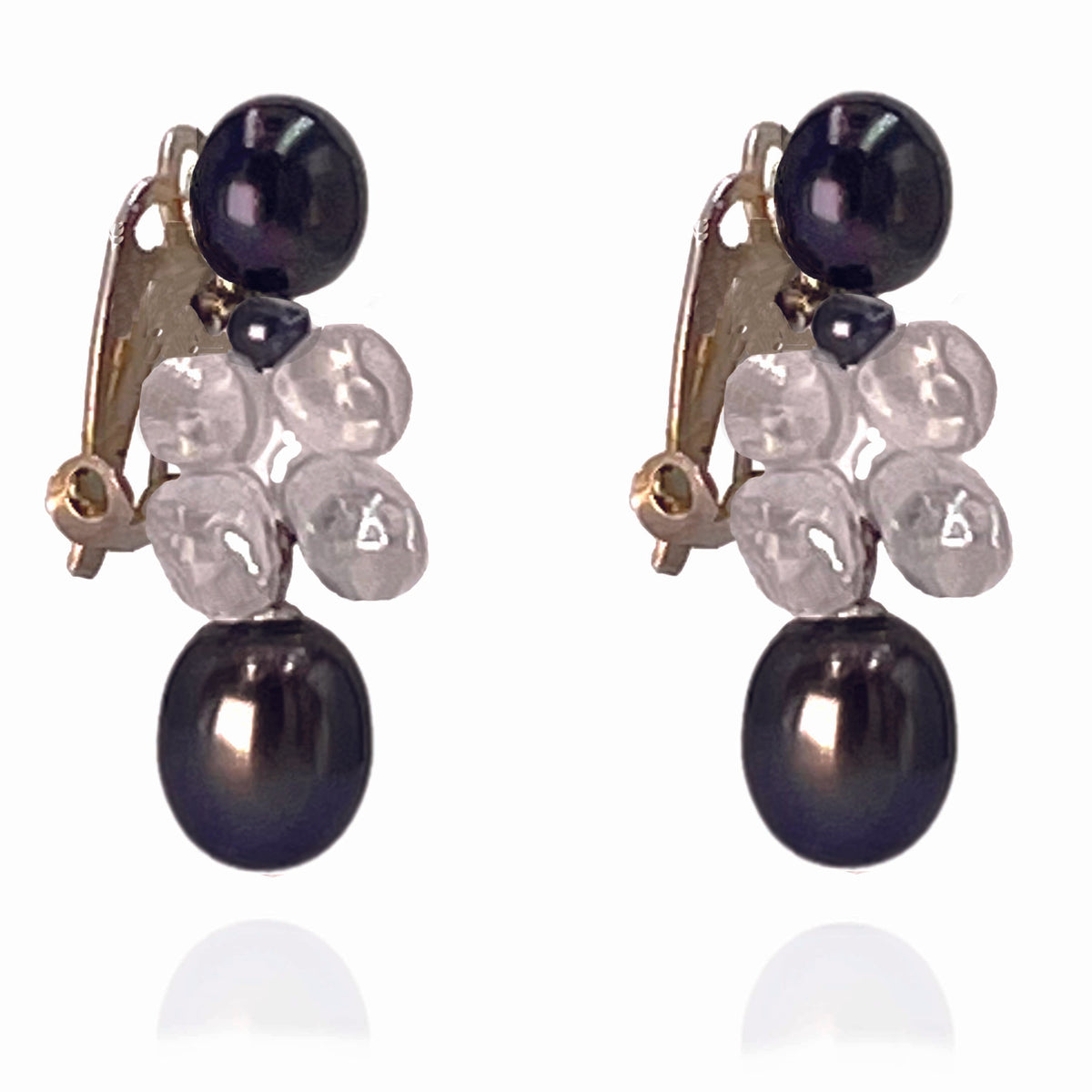 Black Freshwater Pearl &amp; Rock Crystal Clip On &#39;Twinkling Light&#39; Short Earrings