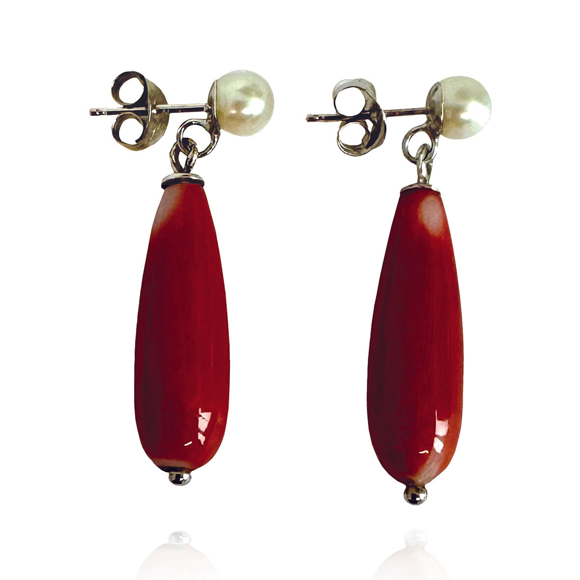 White Akoya Pearl Mini Stud &amp; Coral Art Deco Drop Earrings