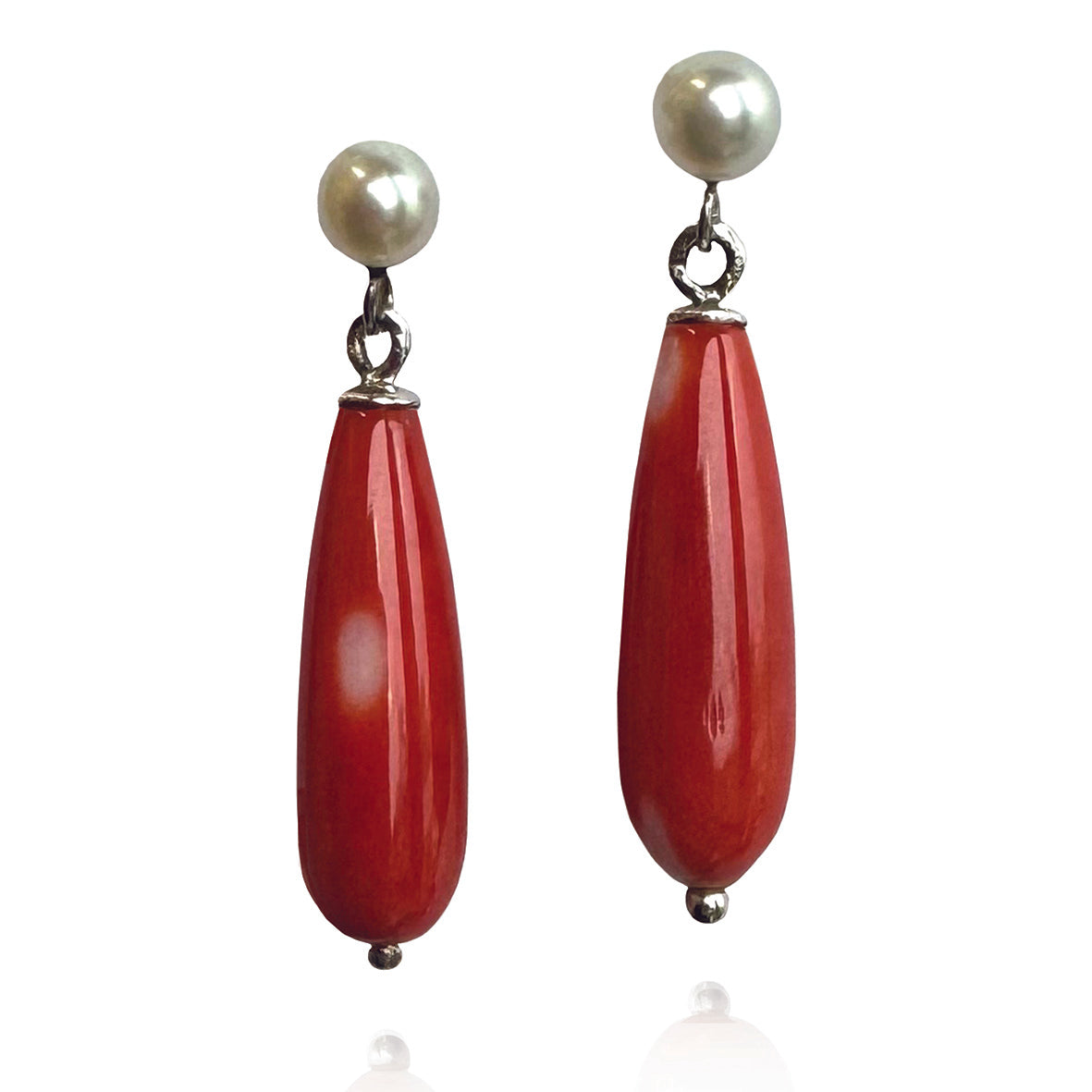 White Akoya Pearl Mini Stud &amp; Coral Art Deco Drop Earrings