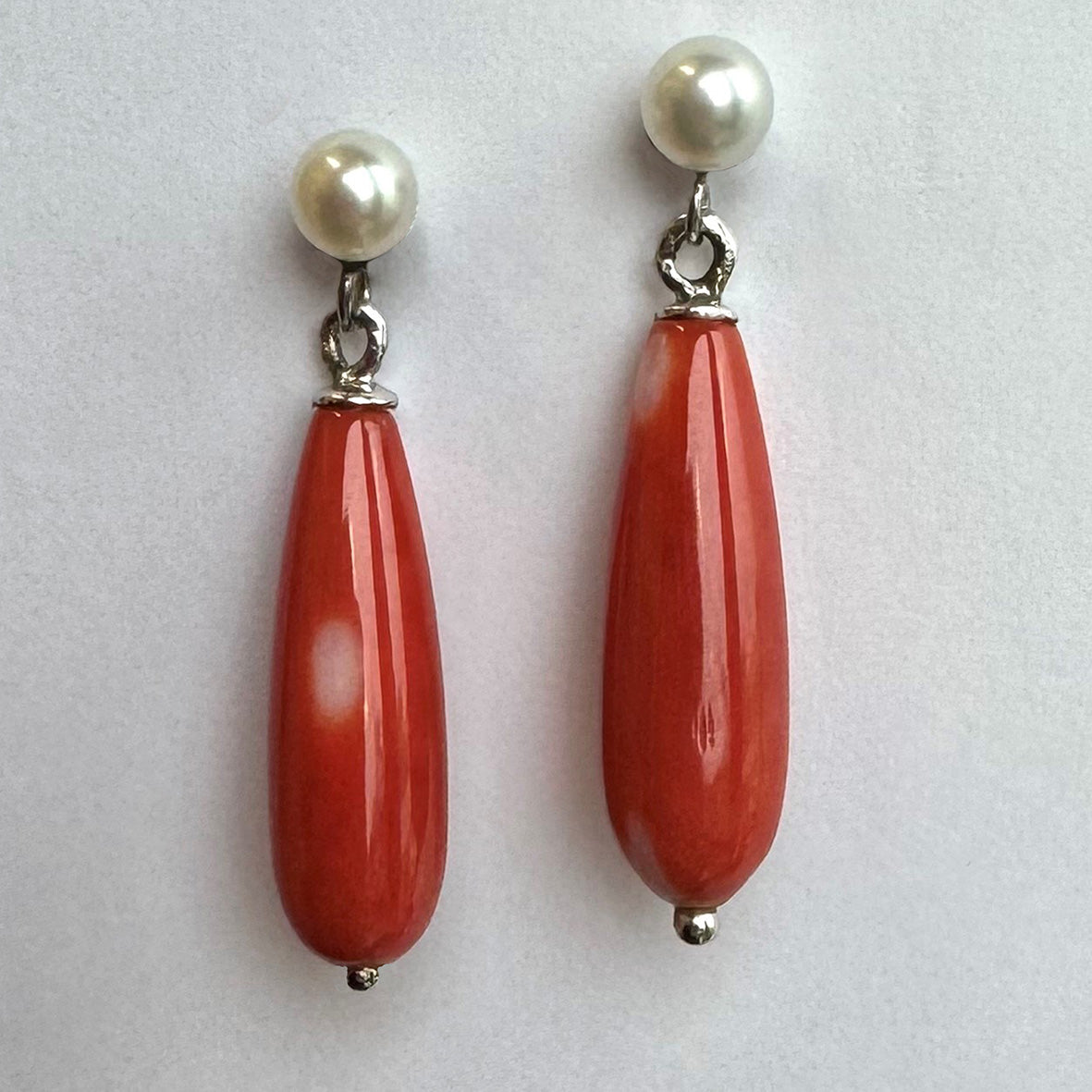 White Akoya Pearl Mini Stud &amp; Coral Art Deco Drop Earrings