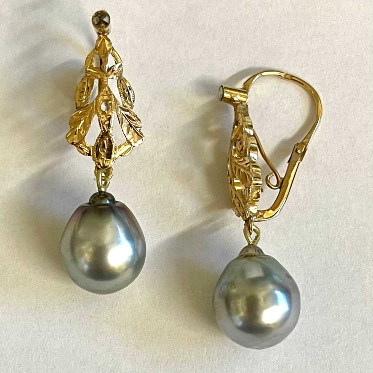 Grey Tahitian Pearl &amp; Diamond Belle Epoque 14ct Gold Drop Earrings