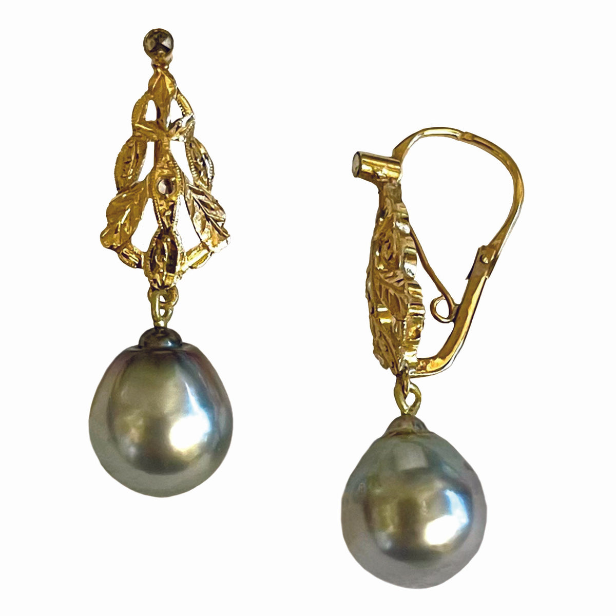 Grey Tahitian Pearl &amp; Diamond Belle Epoque 14ct Gold Drop Earrings