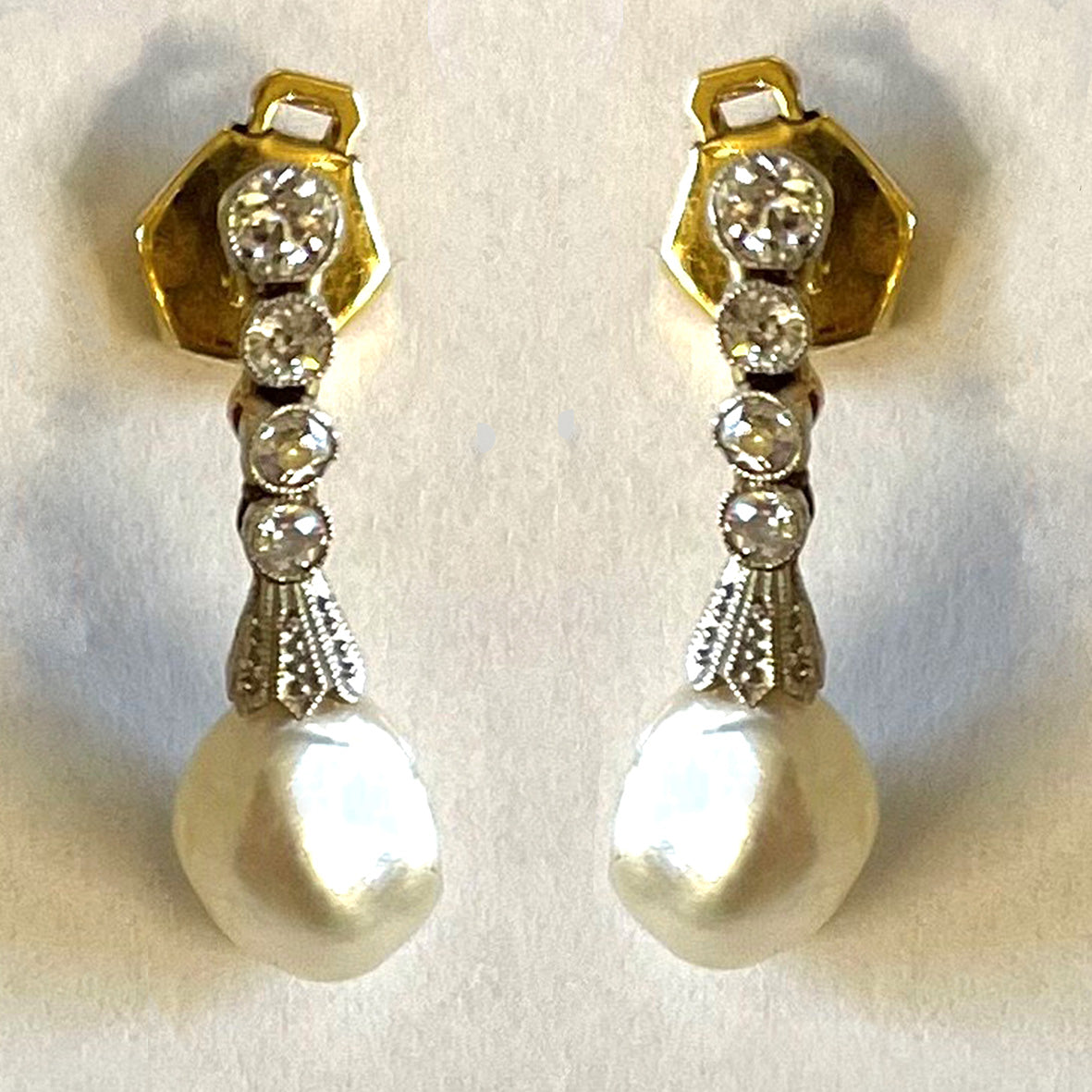 Rare White Natural Pearl &amp; Diamond Chandelier Drop Earrings