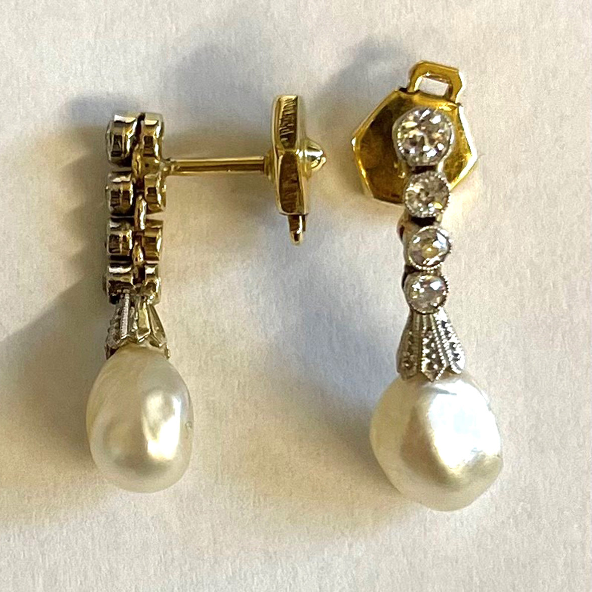 Rare White Natural Pearl &amp; Diamond Chandelier Drop Earrings