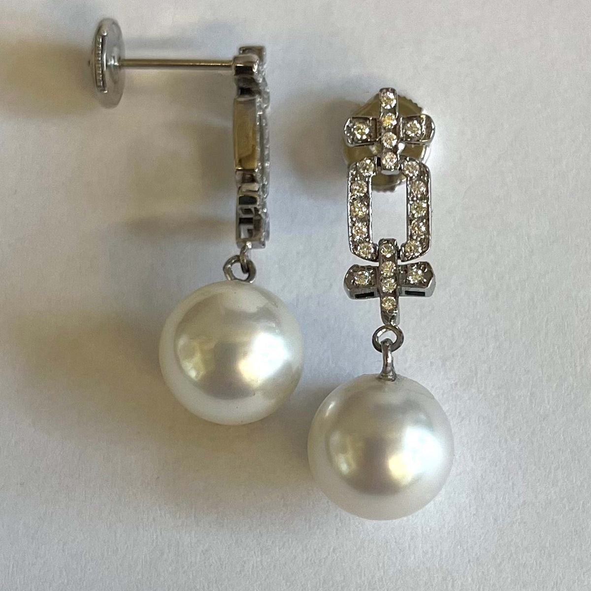 White South Sea Pearl &amp; Articulated Diamond Art Deco Earrings