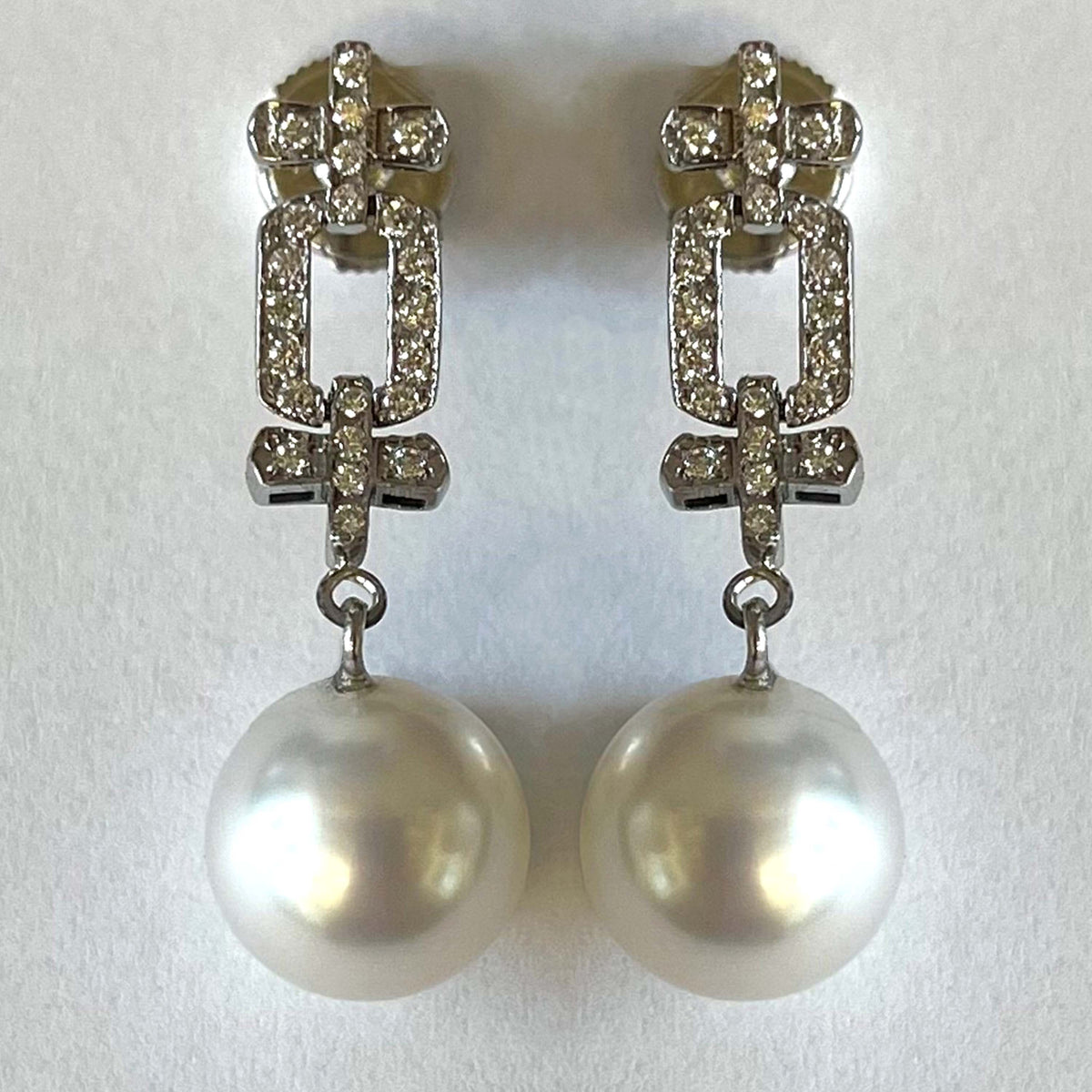 White South Sea Pearl &amp; Articulated Diamond Art Deco Earrings