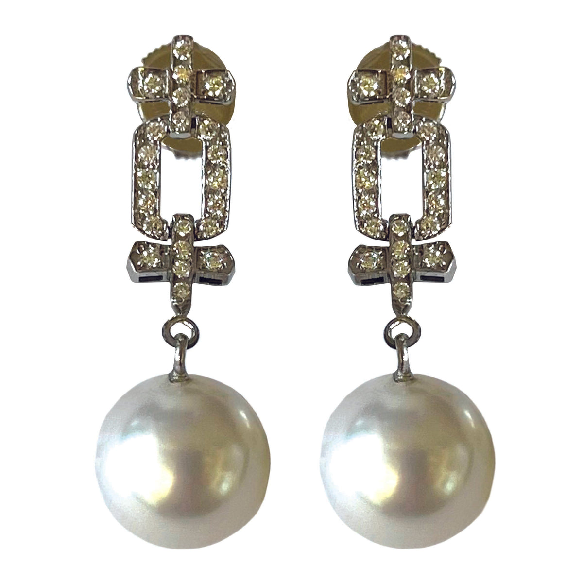 White South Sea Pearl &amp; Articulated Diamond Art Deco Earrings