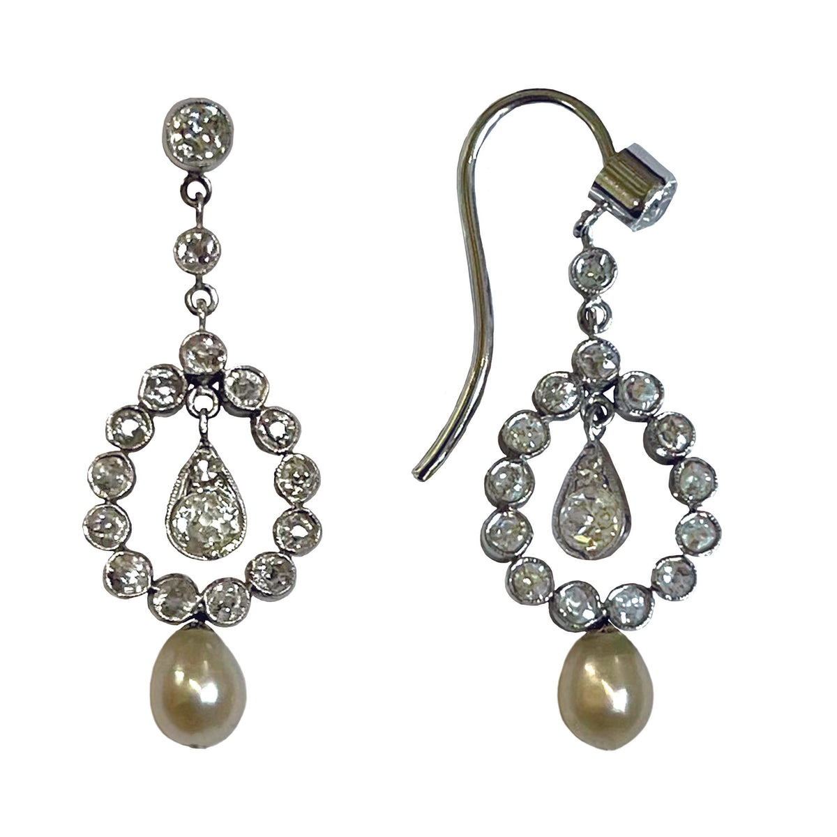 Rare White Natural Pearl &amp; Diamond Drop Edwardian Earrings