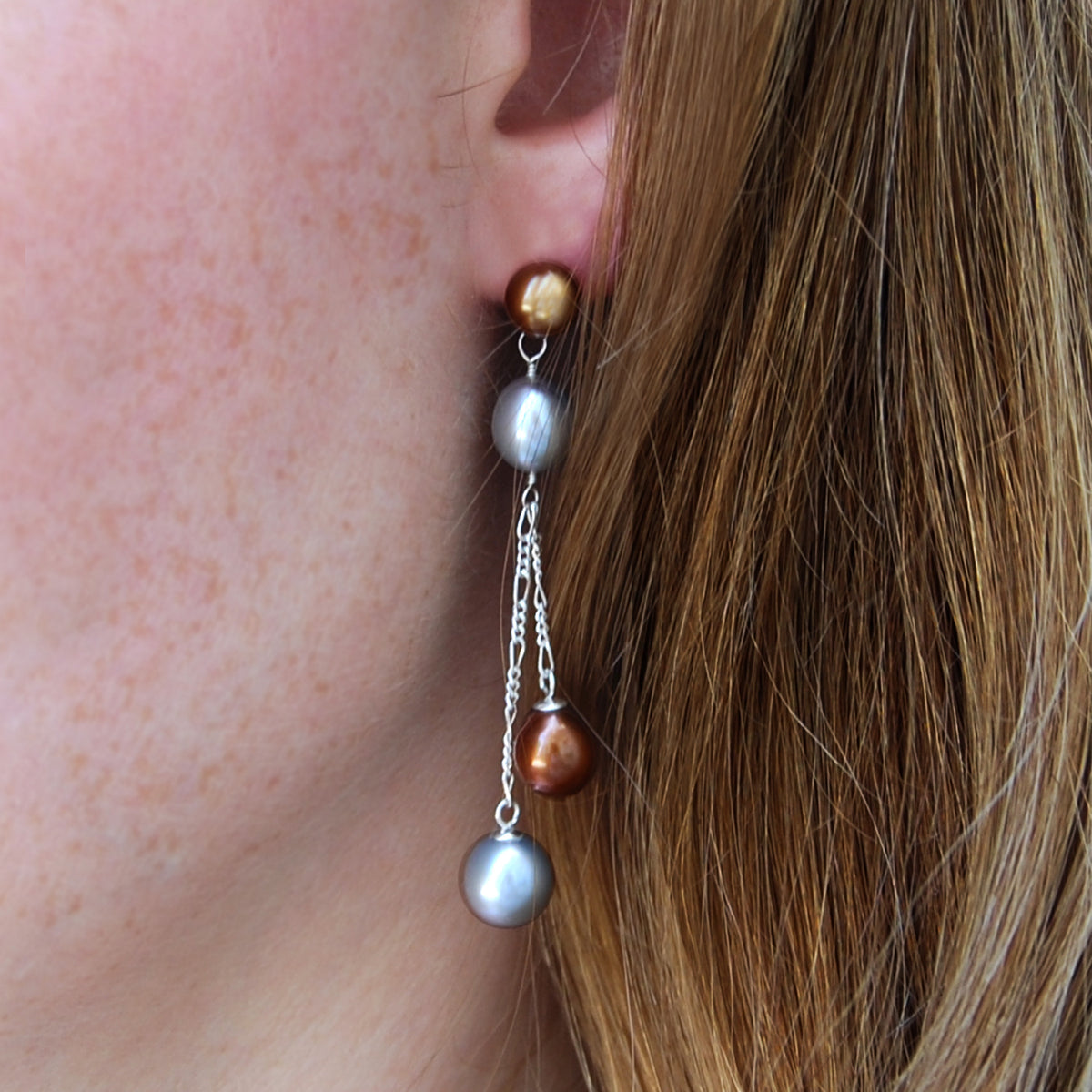 Copper &amp; Grey Freshwater Pearl Long Double Drop Earrings