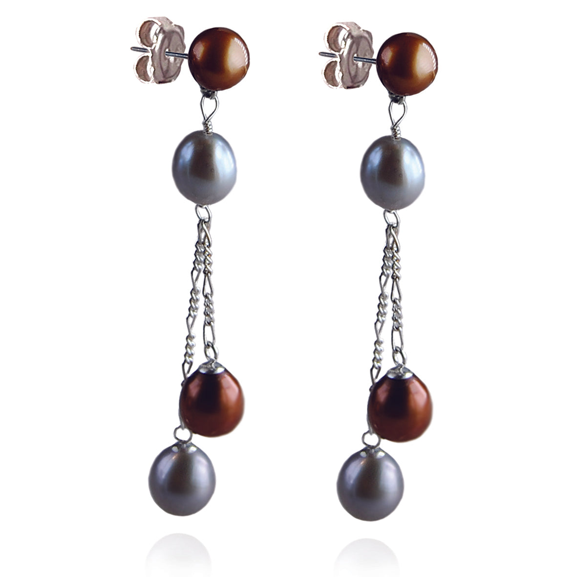 Copper &amp; Grey Freshwater Pearl Long Double Drop Earrings