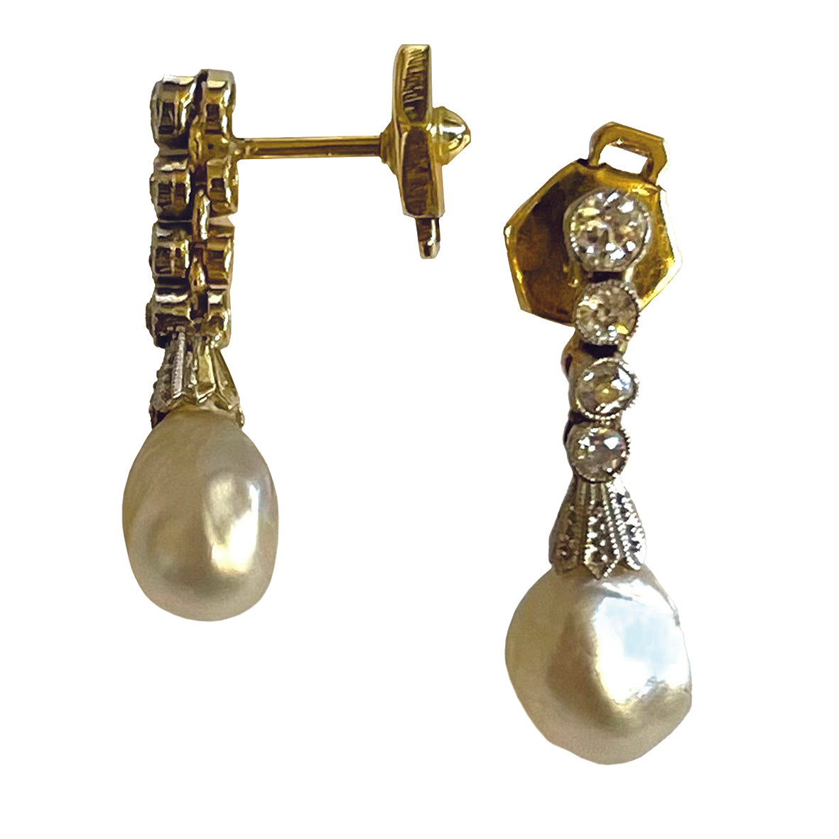 Rare White Natural Pearl &amp; Diamond Chandelier Drop Earrings