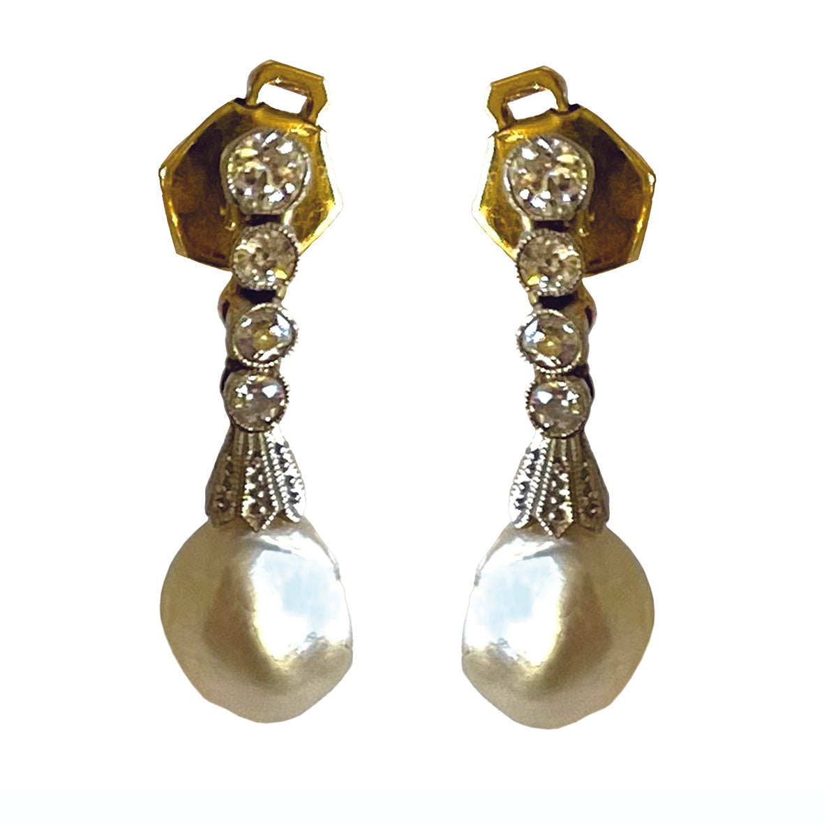 Rare White Natural Pearl &amp; Diamond Chandelier Drop Earrings