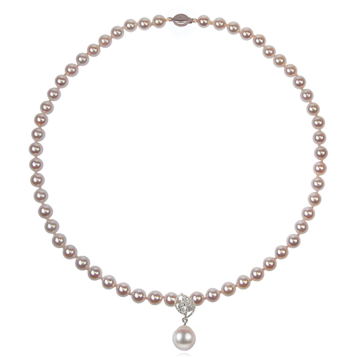 White Akoya &amp; South Sea Pearl Necklace with Diamond Leaf Centrepiece